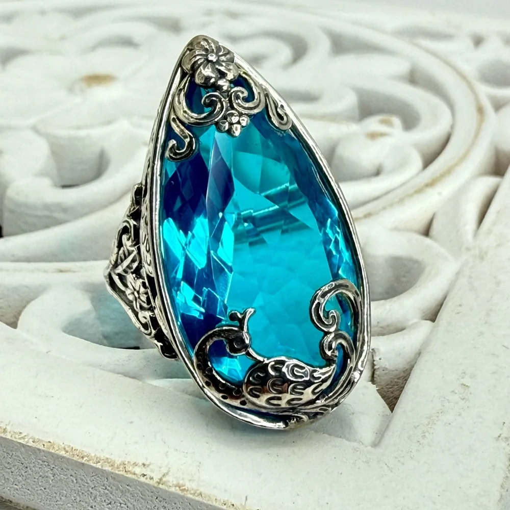 Bali Legacy Caribbean Quartz Peacock Ring 26.25ct Sterling Silver Size 9 NWT - Picture 1 of 17
